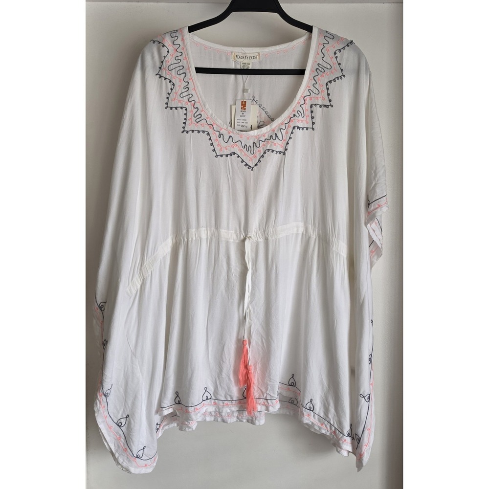 Beach By Exist Cover Up White Neon Pink Embroidered Short Sleeve Resort Wrap